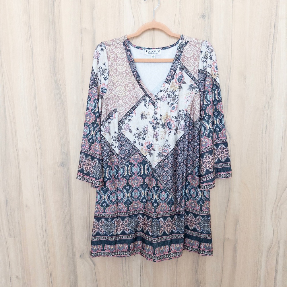 Potpourri Womens Patchwork Tunic Dress M Multicolor Floral Flare Sleeve Boho